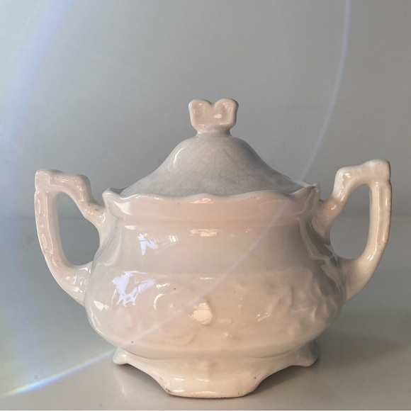 Vintage French white Porcelain Ironstone Sugar Bowl Double Handles Crackle Glaze - Picture 12 of 12